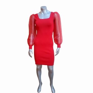 Women' House of Harlow 1960 Sheer Organza Long Sleeve Knit Dress Red Size XS NWT